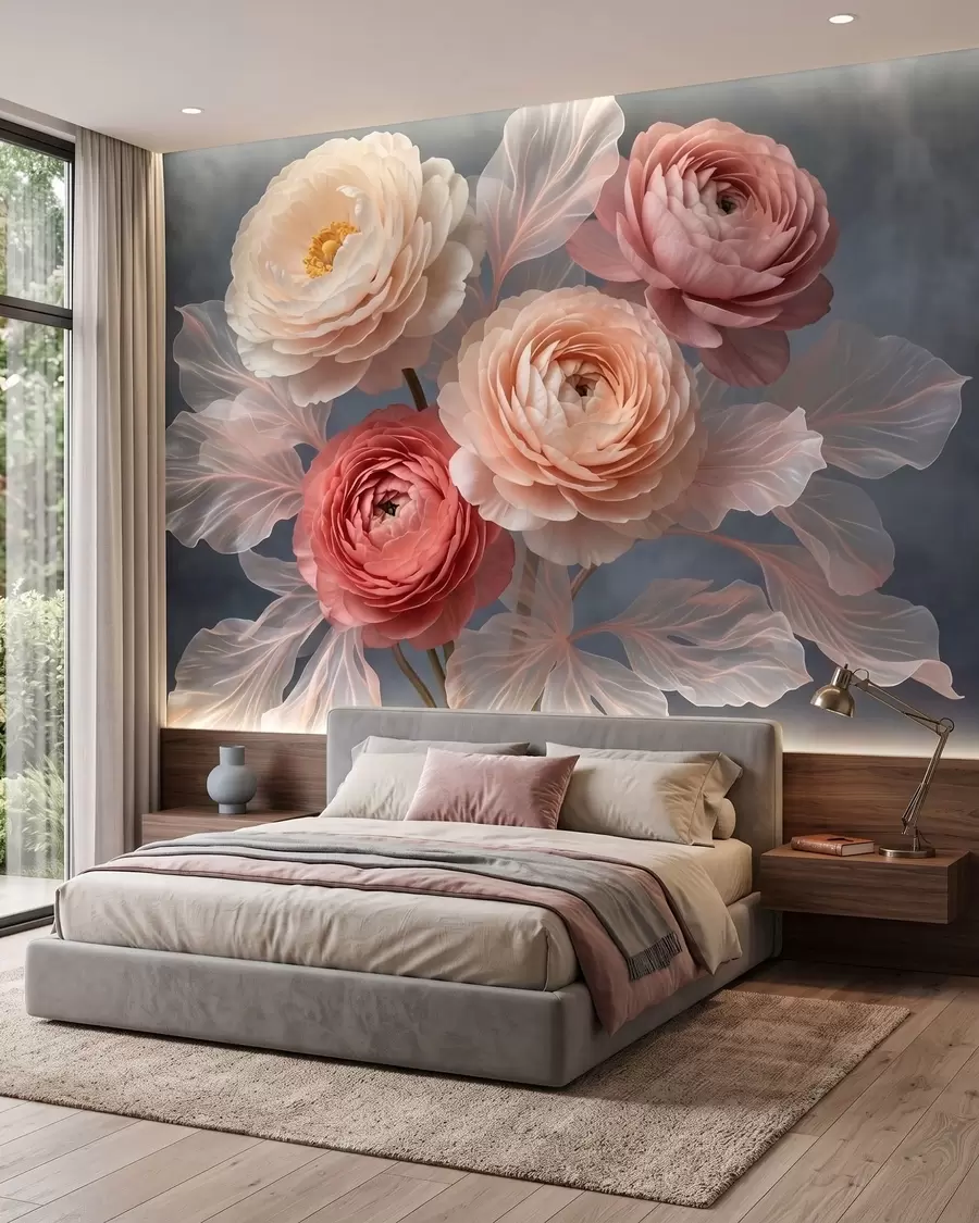 Papier peint Bouquet de pivoines et de renoncules dans des tons pêche et rose sur fond foncé w09926
