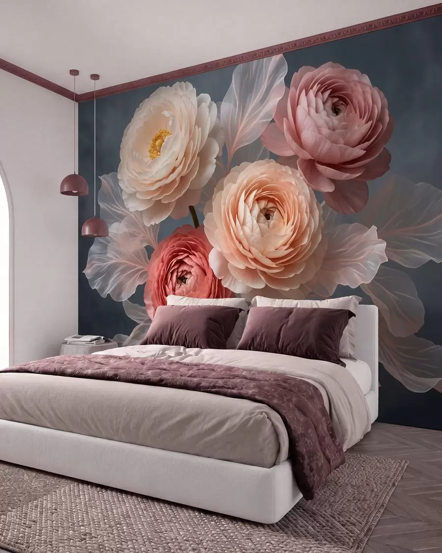 Papier peint Bouquet de pivoines et de renoncules dans des tons pêche et rose sur fond foncé w09926
