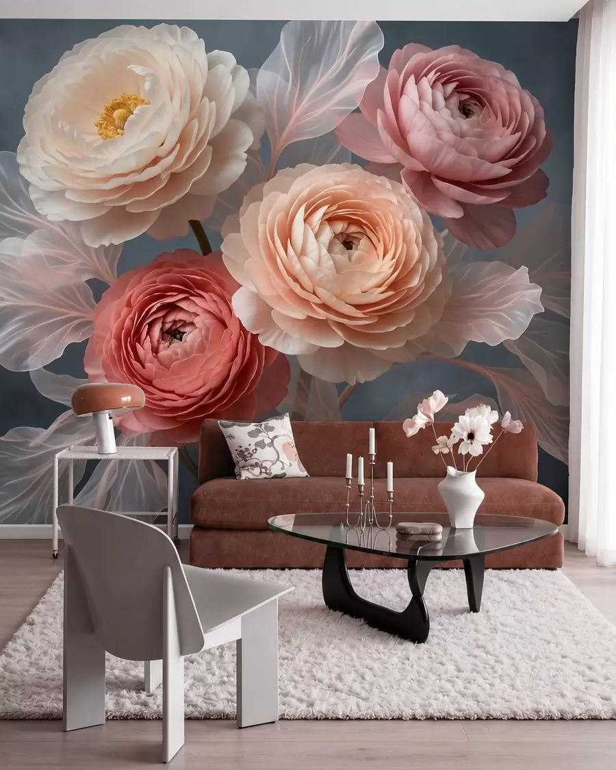 Papier peint Bouquet de pivoines et de renoncules dans des tons pêche et rose sur fond foncé w09926