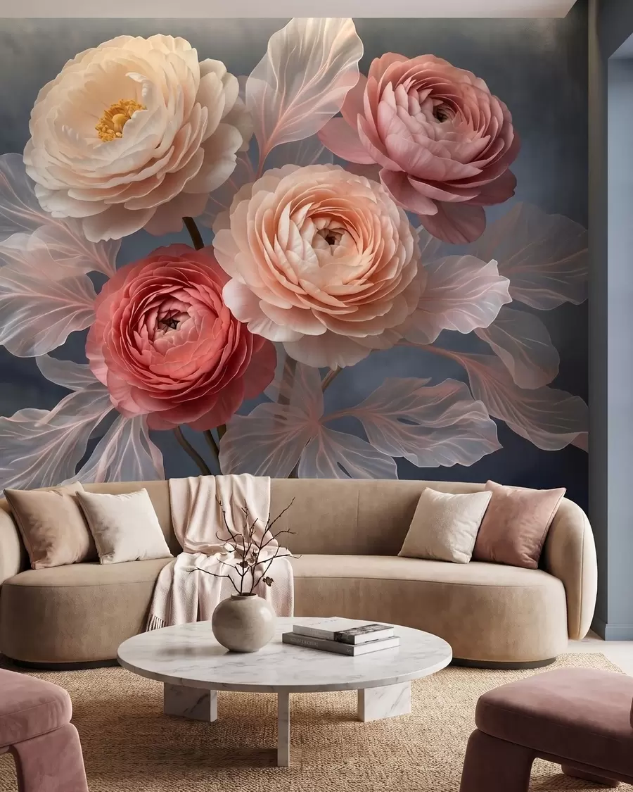 Papier peint Bouquet de pivoines et de renoncules dans des tons pêche et rose sur fond foncé w09926