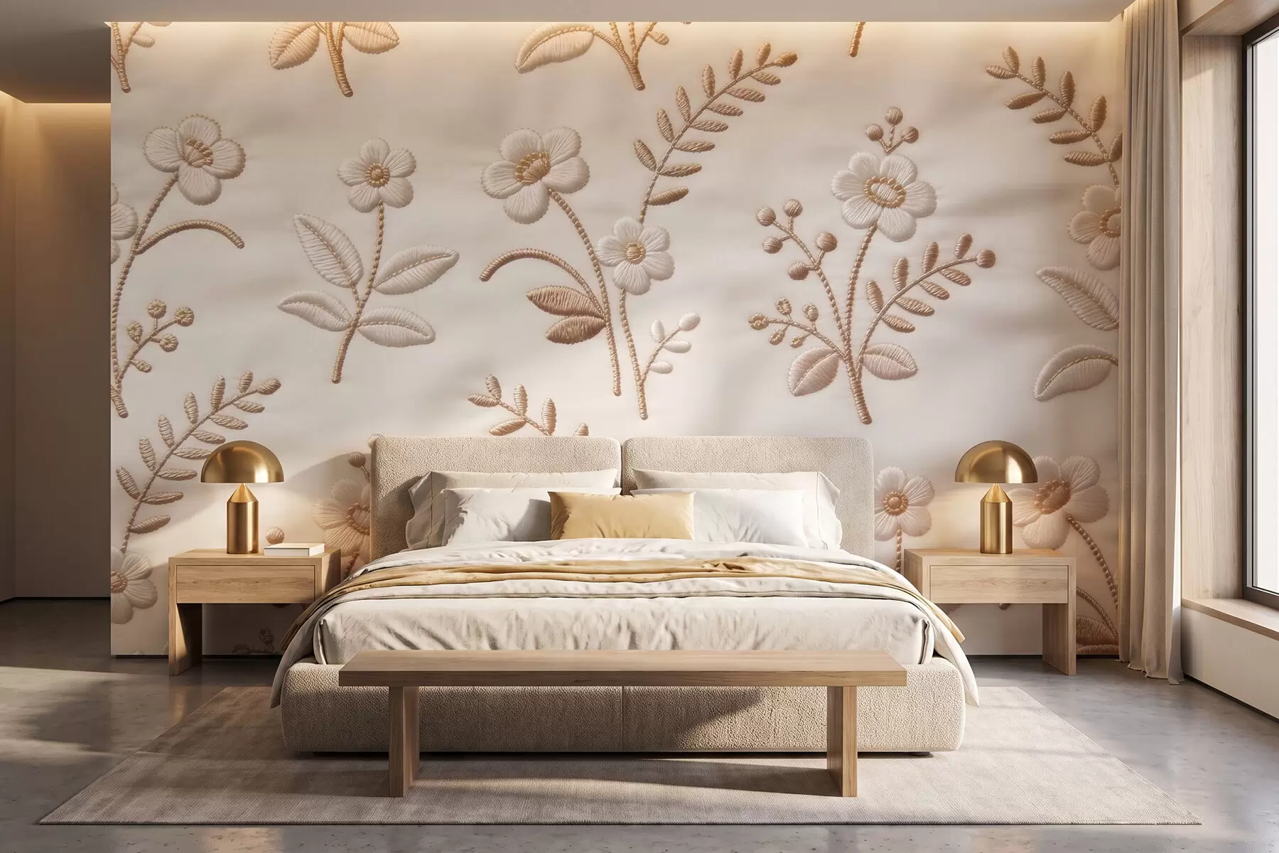 Papier peint Motif floral en broderie imitation, réalisé avec du fil jaune sur du tissu w09953
