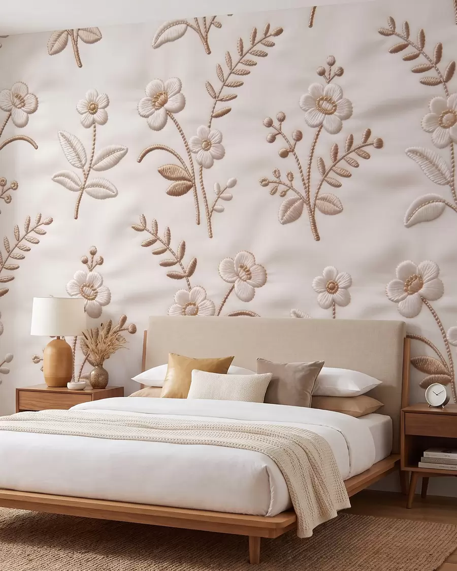 Papier peint Motif floral en broderie imitation, réalisé avec du fil jaune sur du tissu w09953
