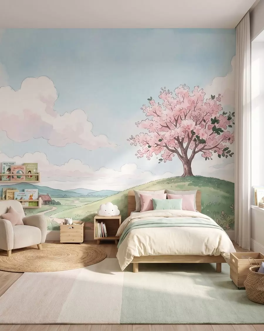 Papier peint Arbre en fleurs sur une colline verdoyante avec une petite maison au loin, paysage de style aquarelle w09954