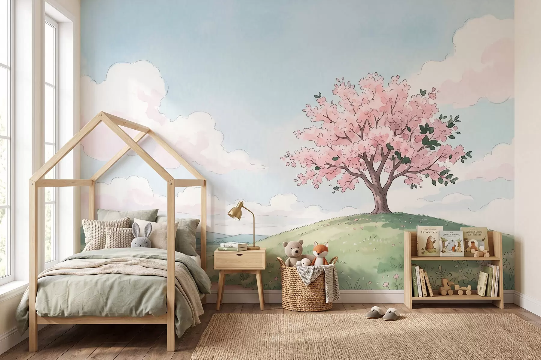 Papier peint Arbre en fleurs sur une colline verdoyante avec une petite maison au loin, paysage de style aquarelle w09954