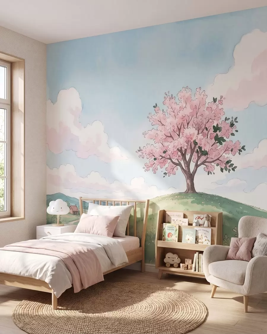 Papier peint Arbre en fleurs sur une colline verdoyante avec une petite maison au loin, paysage de style aquarelle w09954