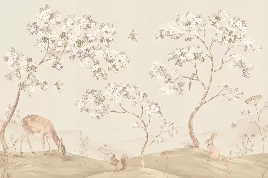 Papier peint Des arbres en fleurs avec un cerf, un lièvre et un écureuil w05809