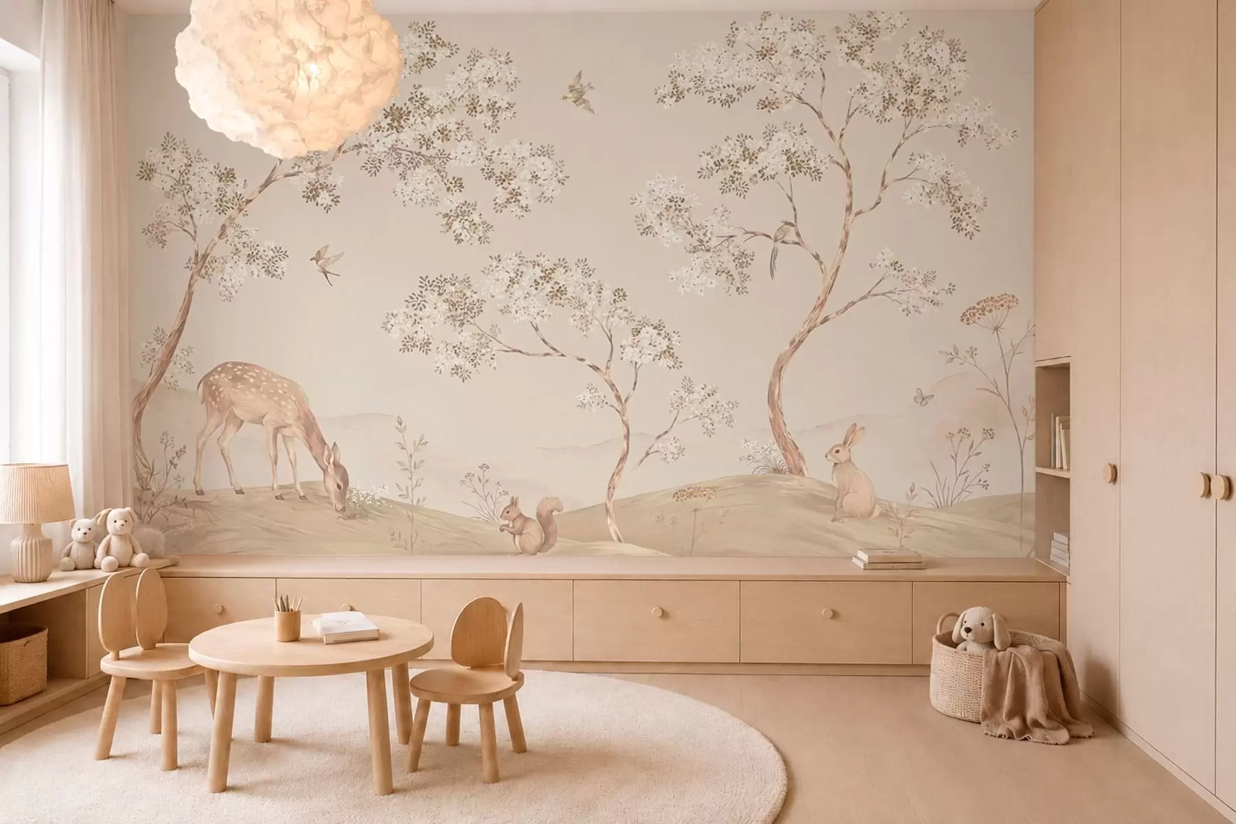 Papier peint Des arbres en fleurs avec un cerf, un lièvre et un écureuil w05809