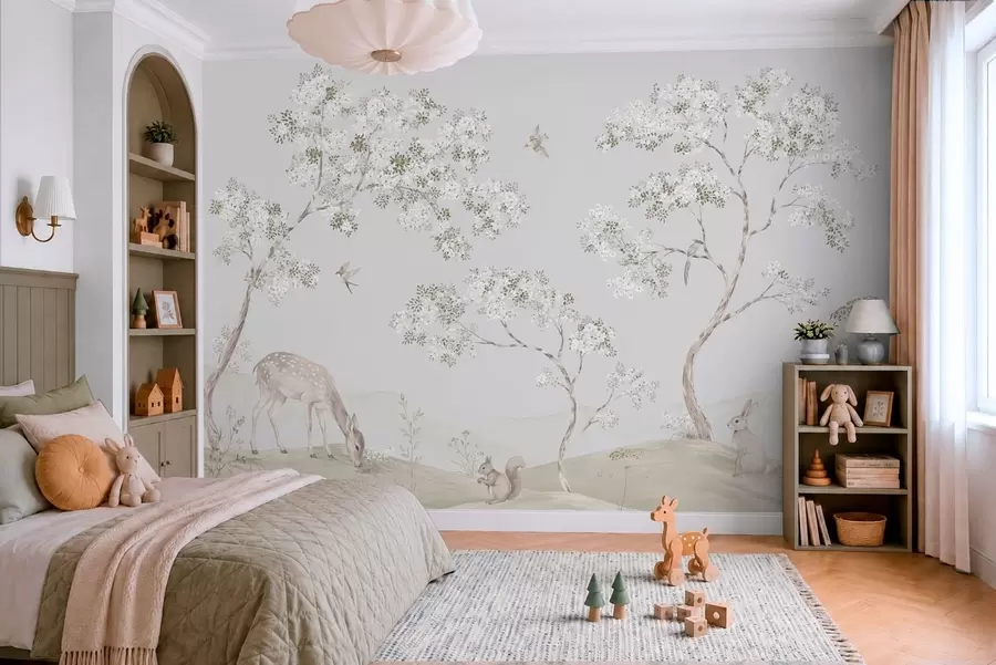 Papier peint Des arbres en fleurs avec un cerf, un lièvre et un écureuil, dans des tons de bleu w05809v1