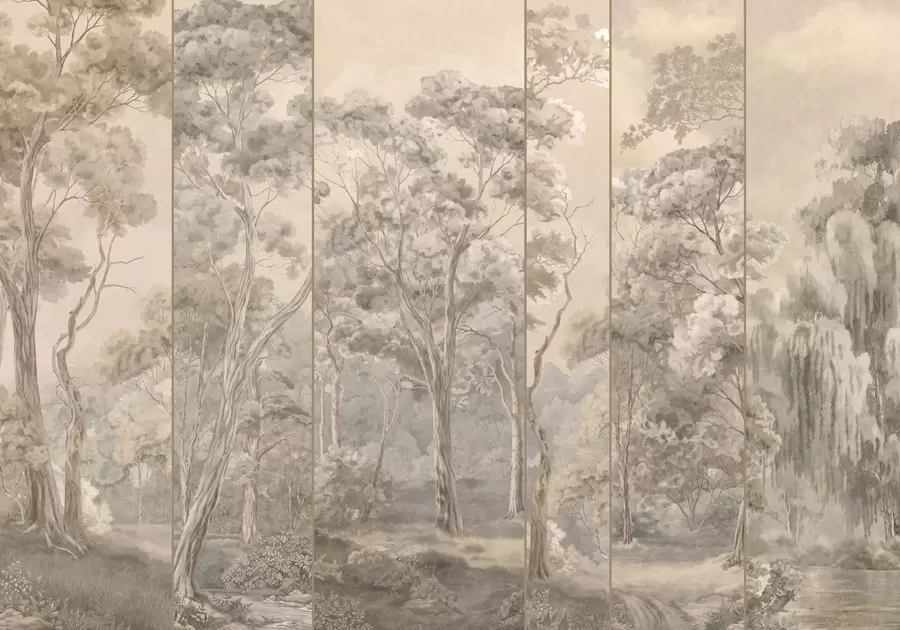 Papier peint Une forêt panoramique peuplée de grands arbres, aux teintes douces et chaudes w05811