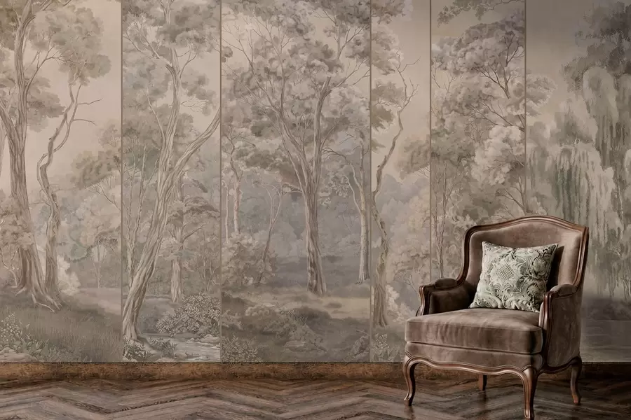 Papier peint Une forêt panoramique peuplée de grands arbres, aux teintes douces et chaudes w05811