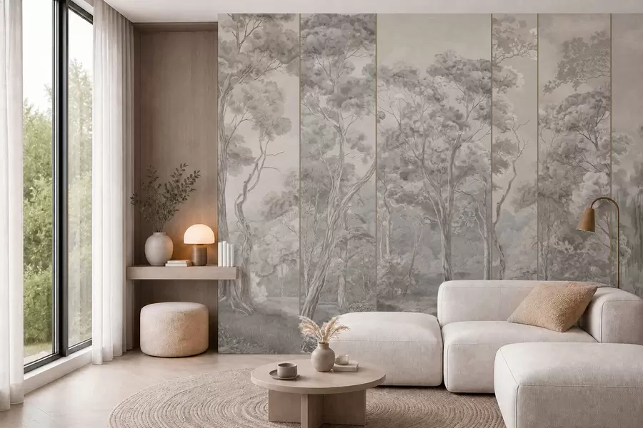 Papier peint Une forêt panoramique peuplée de grands arbres, dans des tons doux et frais w05811v1
