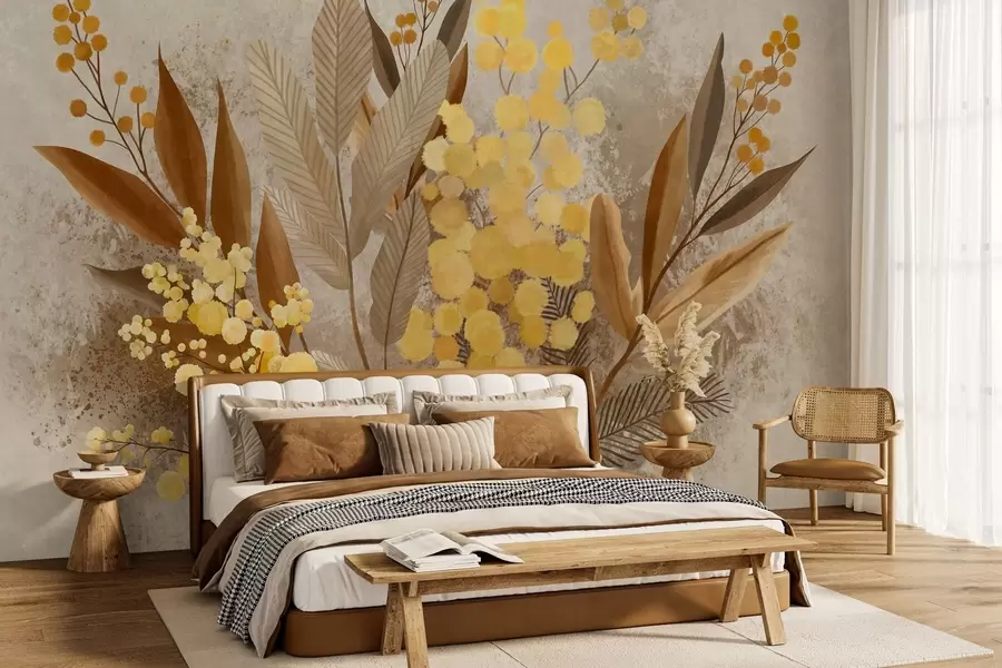 Papier peint Des branches de mimosa peintes et un herbier aux teintes chaudes w05659