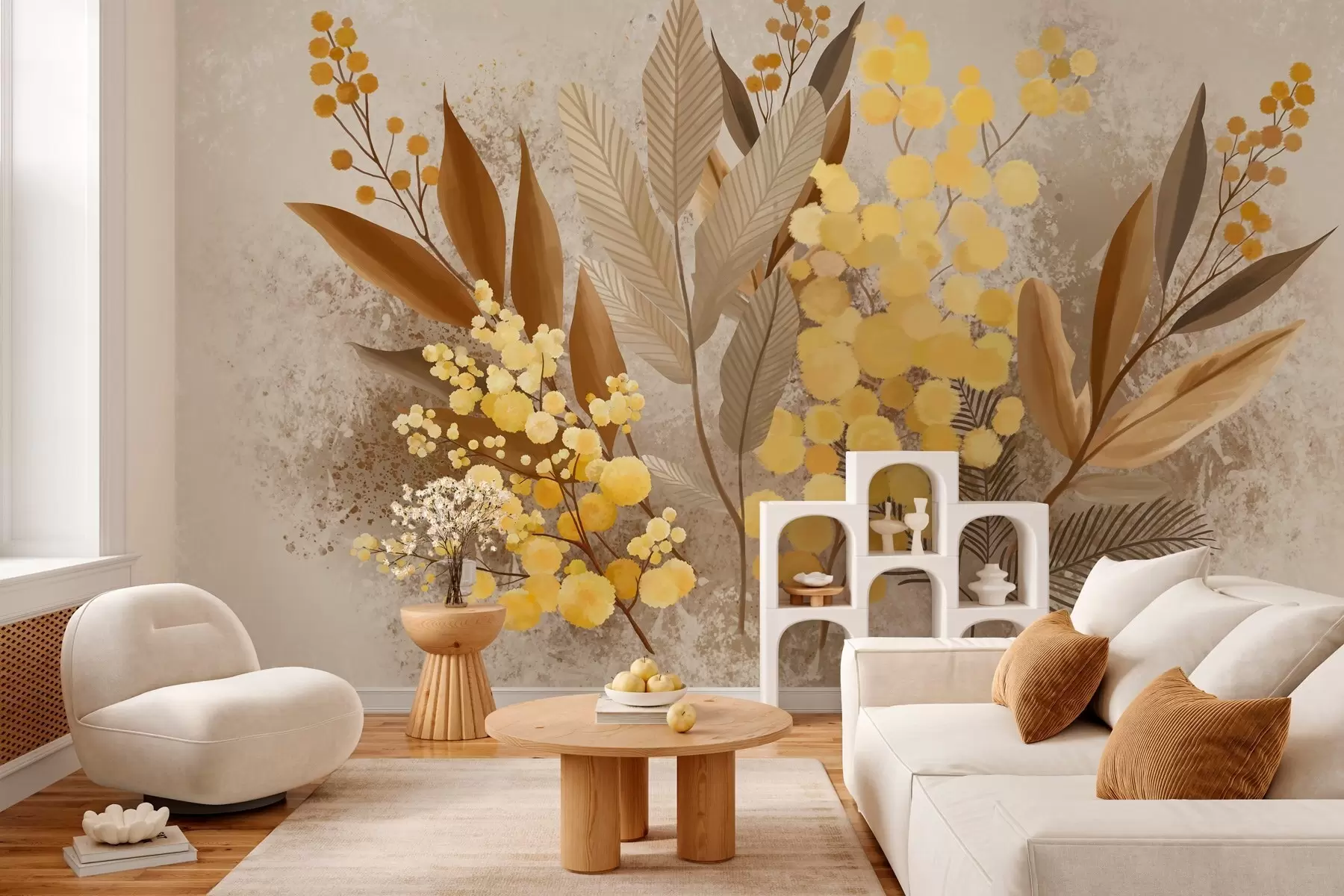 Papier peint Des branches de mimosa peintes et un herbier aux teintes chaudes w05659