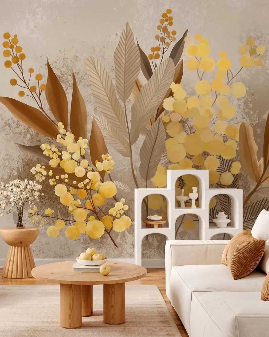 Papier peint Des branches de mimosa peintes et un herbier aux teintes chaudes w05659