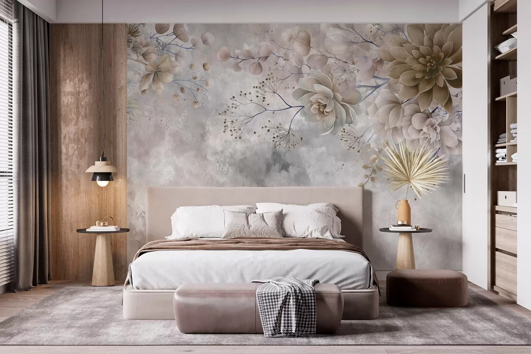 Papier peint Des fleurs fantaisistes de style rétro, comme sur l'image ci-dessus, dans des tons de beige et de marron w05753
