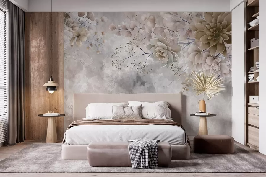Papier peint Des fleurs fantaisistes de style rétro, comme sur l'image ci-dessus, dans des tons de beige et de marron w05753