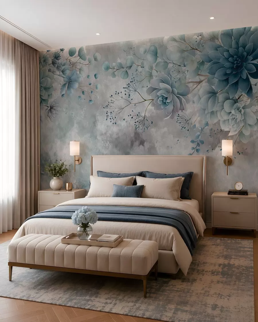 Papier peint Des fleurs fantaisistes de style rétro, comme sur l'image ci-dessus, dans des tons de beige et de marron w05753