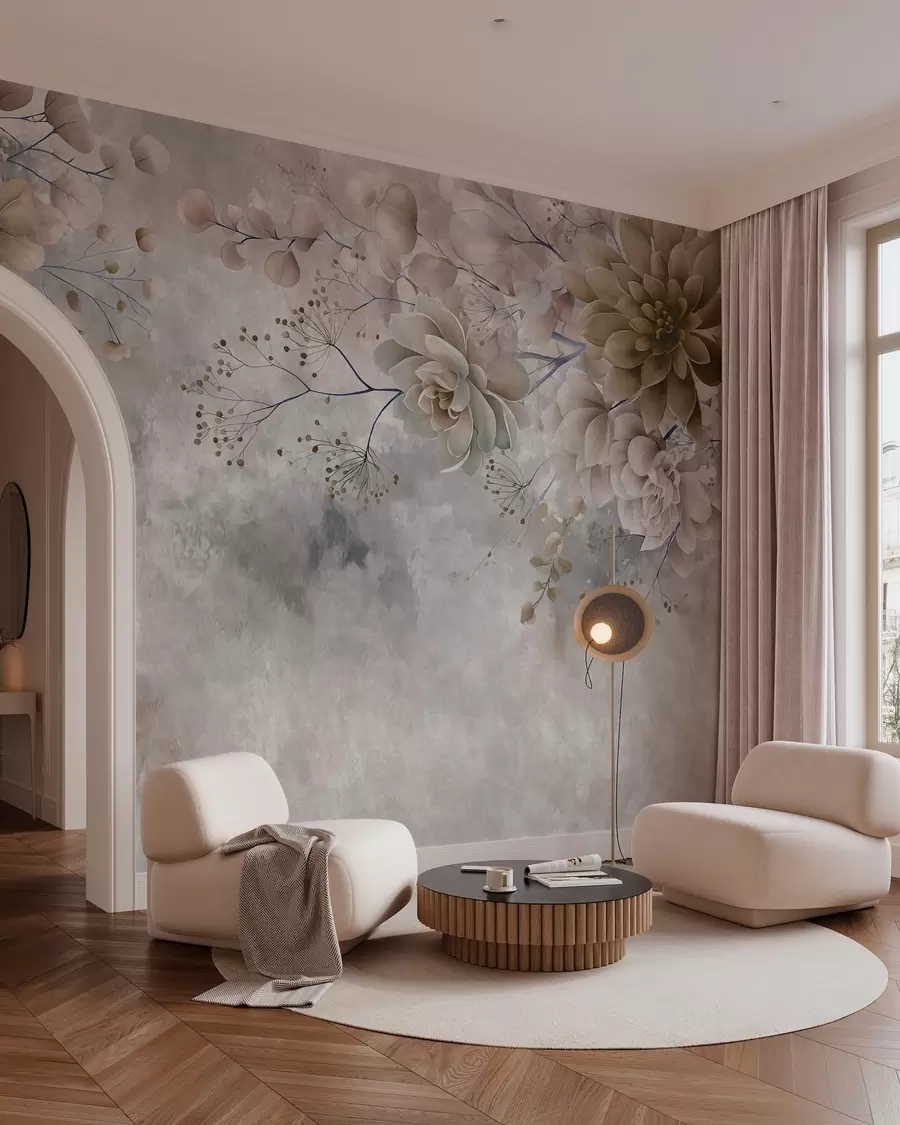 Papier peint Des fleurs fantaisistes de style rétro, comme sur l'image ci-dessus, dans des tons de beige et de marron w05753