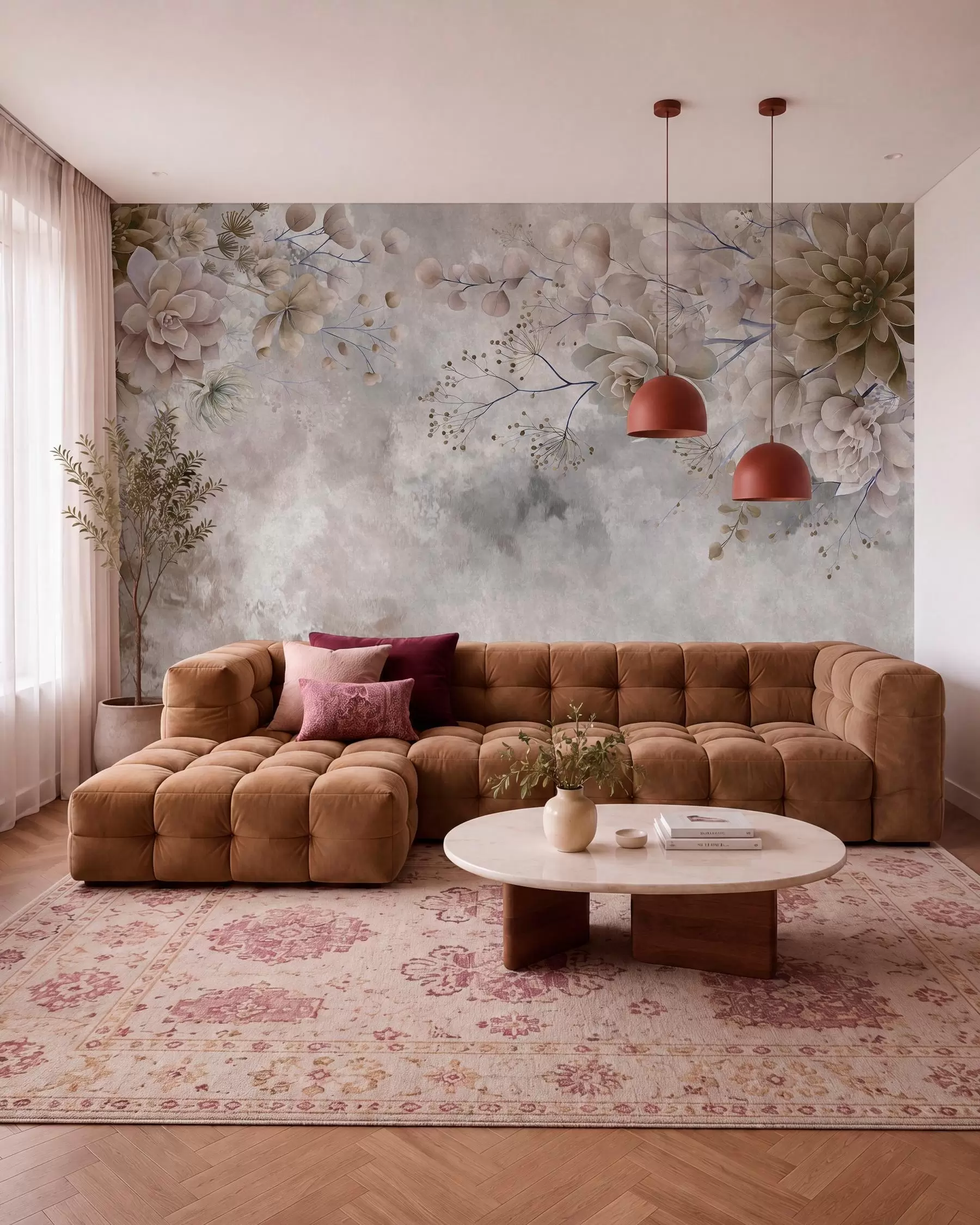 Papier peint Des fleurs fantaisistes de style rétro, comme sur l'image ci-dessus, dans des tons de beige et de marron w05753