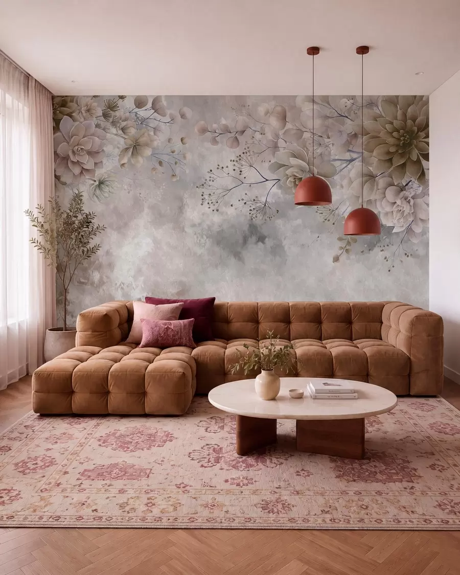 Papier peint Des fleurs fantaisistes de style rétro, comme sur l'image ci-dessus, dans des tons de beige et de marron w05753