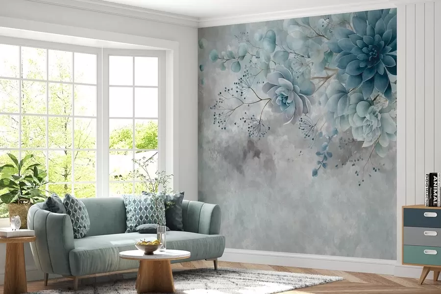 Papier peint Une vue plongeante sur des fleurs fantastiques de style rétro, dans des tons de bleu et de turquoise w05753v1