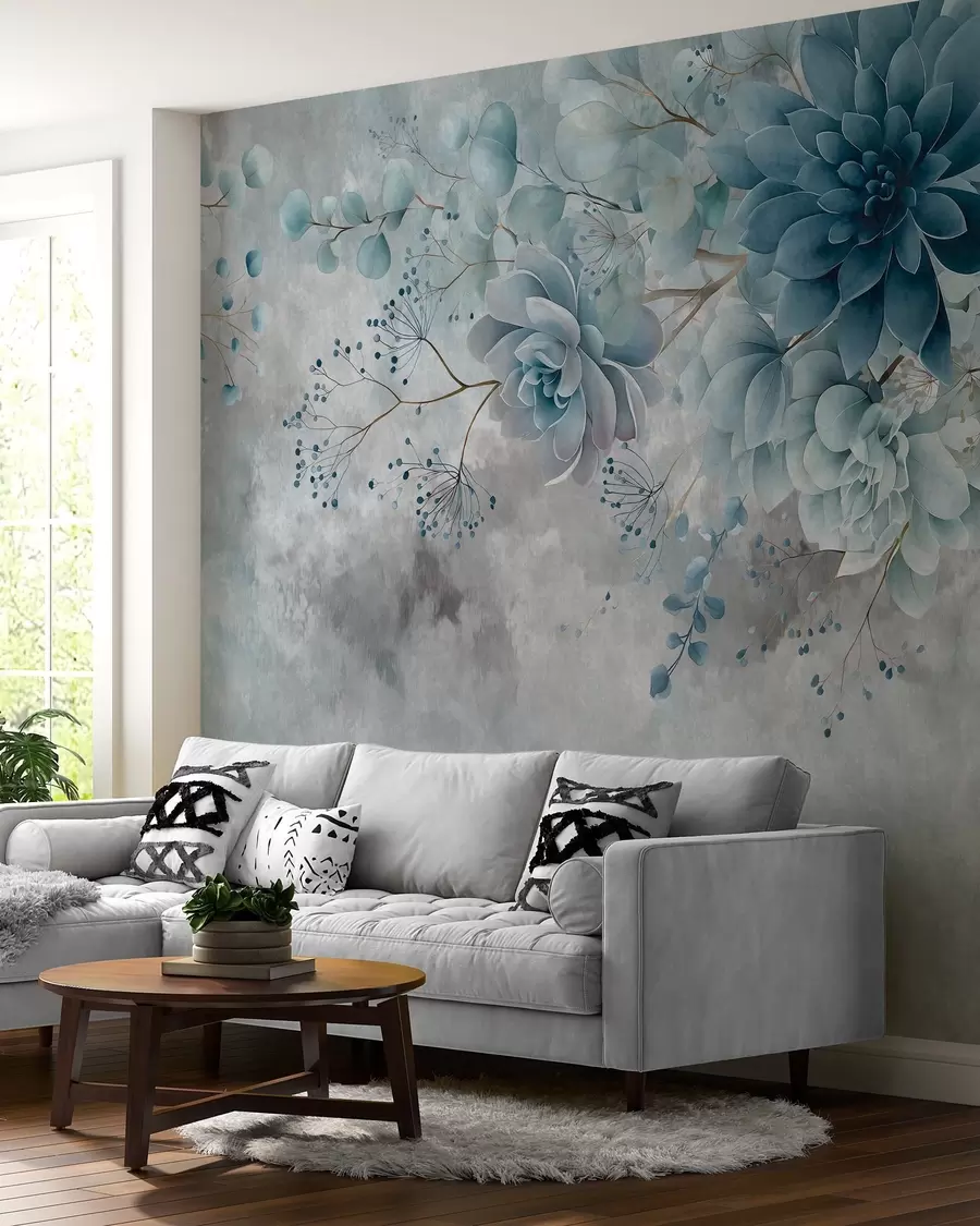 Papier peint Une vue plongeante sur des fleurs fantastiques de style rétro, dans des tons de bleu et de turquoise w05753v1