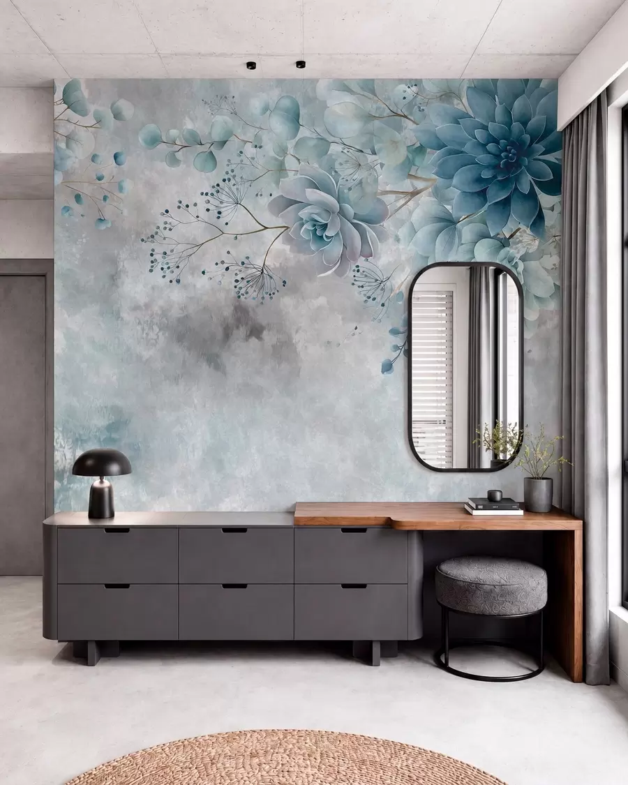 Papier peint Une vue plongeante sur des fleurs fantastiques de style rétro, dans des tons de bleu et de turquoise w05753v1