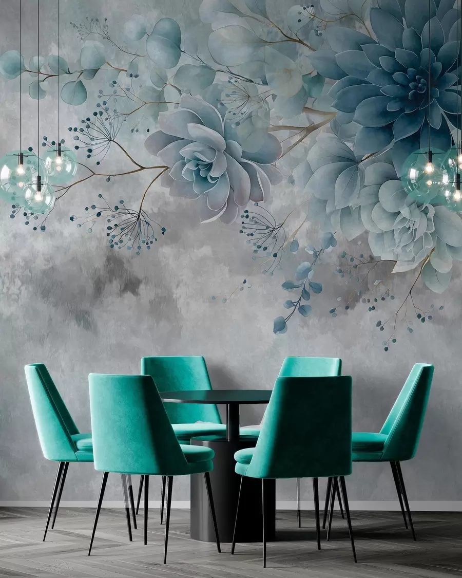 Papier peint Une vue plongeante sur des fleurs fantastiques de style rétro, dans des tons de bleu et de turquoise w05753v1