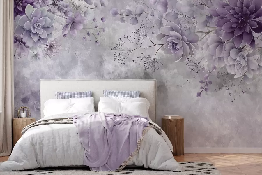 Papier peint Une vue plongeante sur des fleurs fantastiques de style rétro, dans des nuances de violet w05753v2
