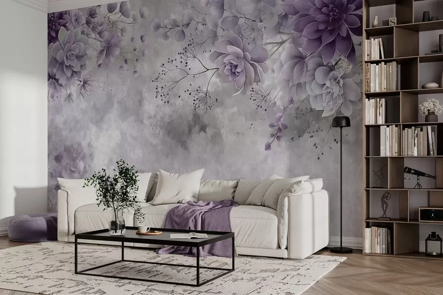 Papier peint Une vue plongeante sur des fleurs fantastiques de style rétro, dans des nuances de violet w05753v2