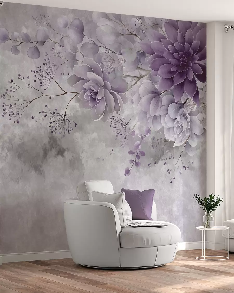 Papier peint Une vue plongeante sur des fleurs fantastiques de style rétro, dans des nuances de violet w05753v2
