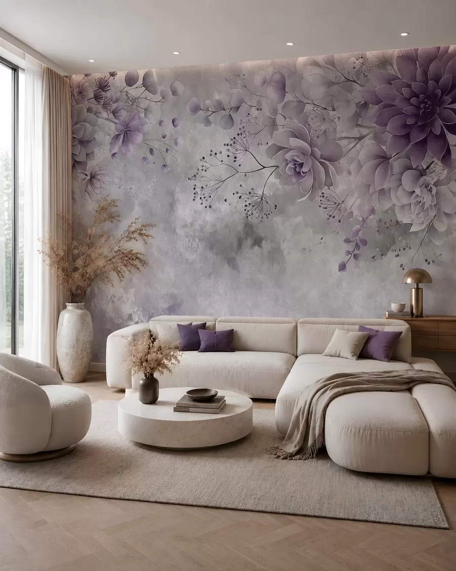 Papier peint Une vue plongeante sur des fleurs fantastiques de style rétro, dans des nuances de violet w05753v2