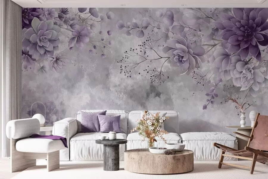 Papier peint Une vue plongeante sur des fleurs fantastiques de style rétro, dans des nuances de violet w05753v2