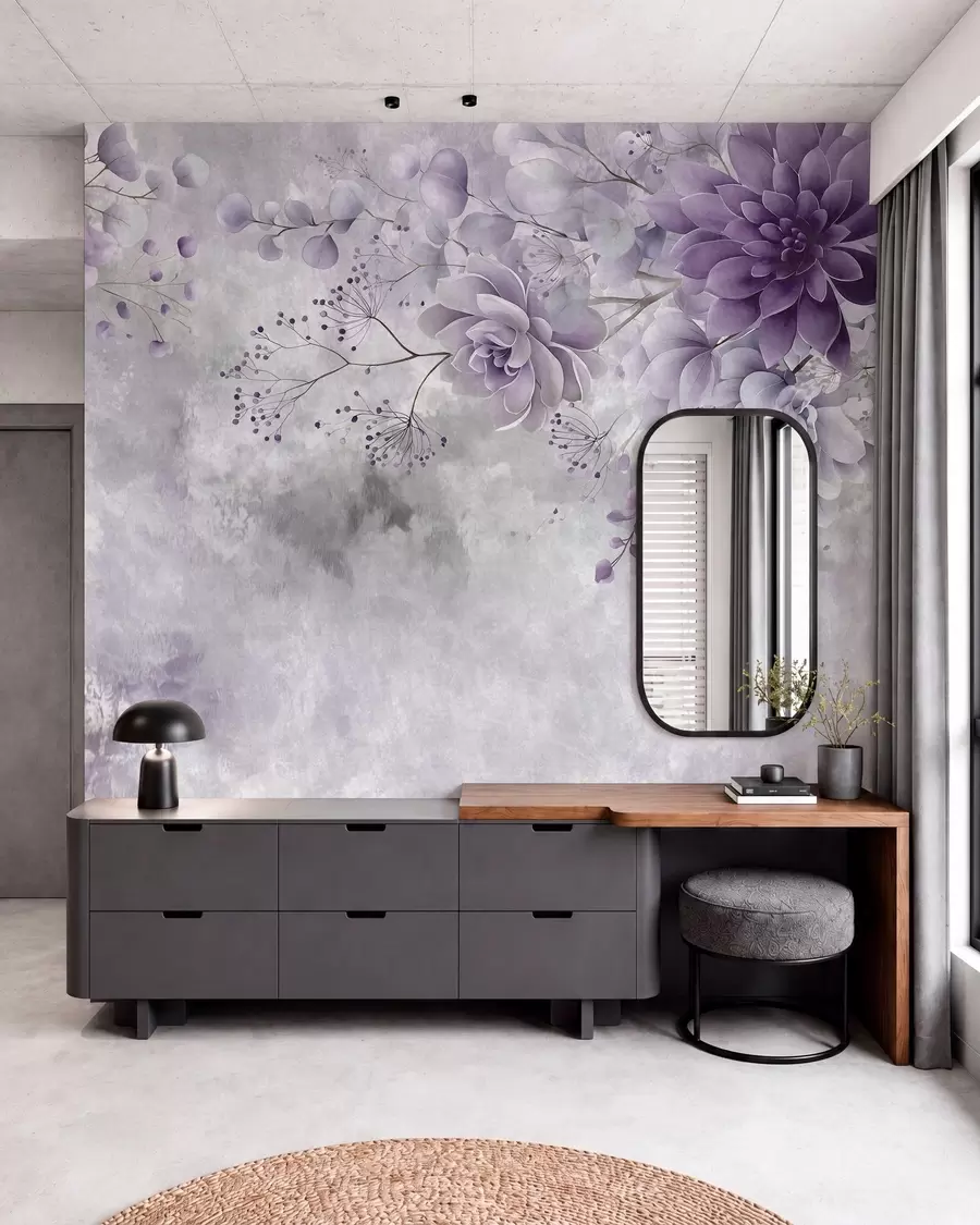 Papier peint Une vue plongeante sur des fleurs fantastiques de style rétro, dans des nuances de violet w05753v2