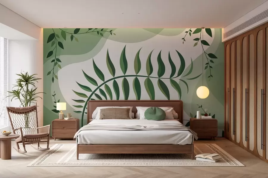 Papier peint Une feuille de fougère recourbée aux nuances de vert w05756