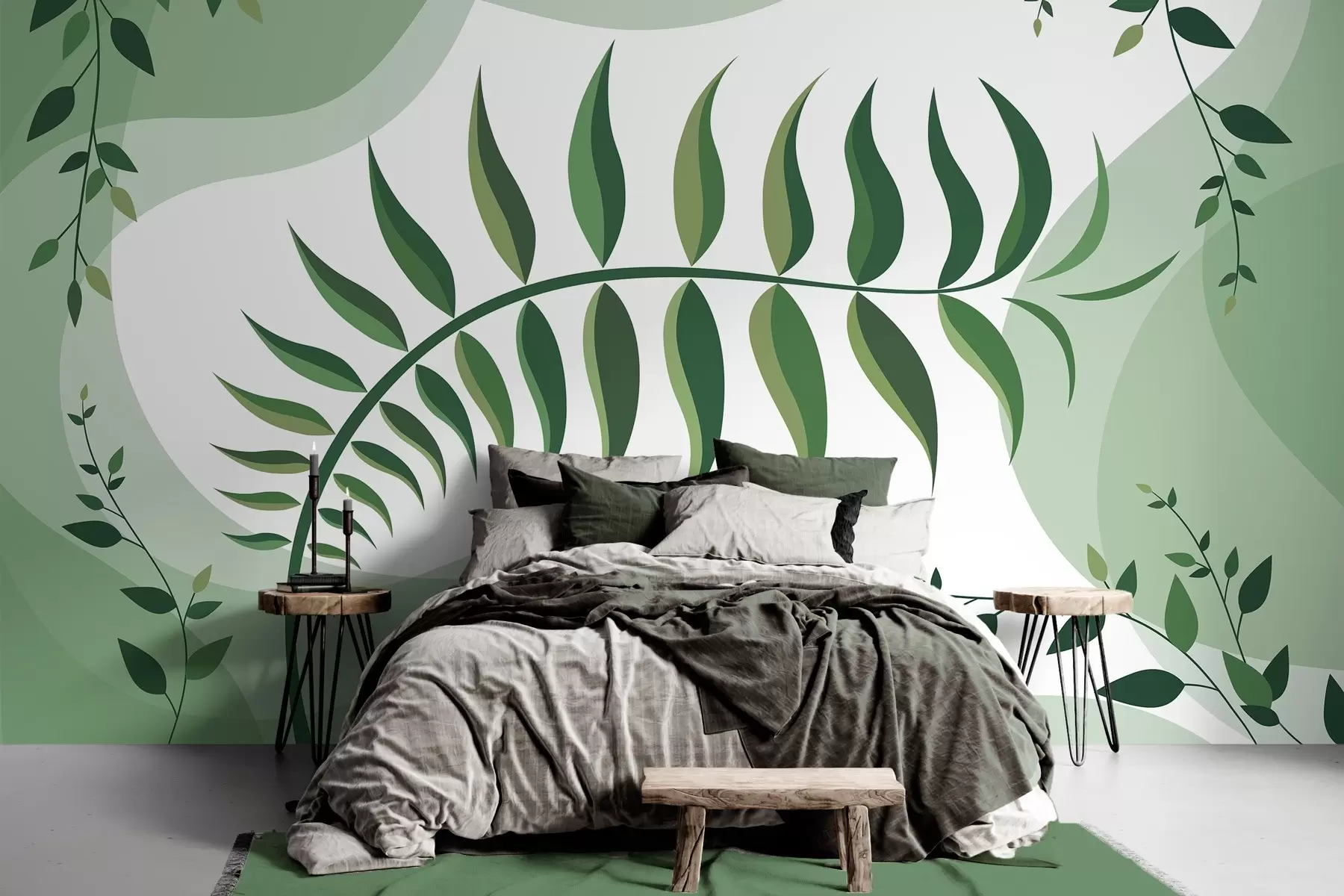 Papier peint Une feuille de fougère recourbée aux nuances de vert w05756