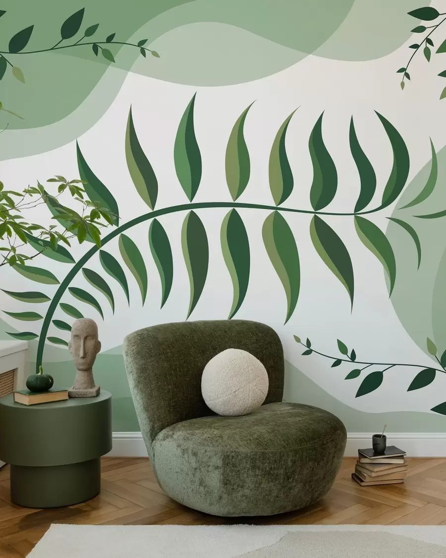 Papier peint Une feuille de fougère recourbée aux nuances de vert w05756
