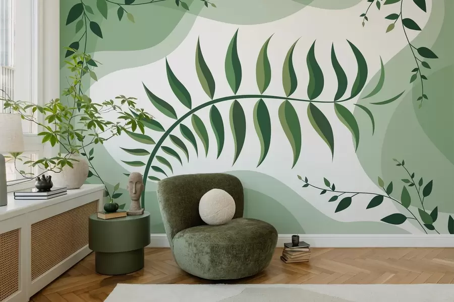 Papier peint Une feuille de fougère recourbée aux nuances de vert w05756