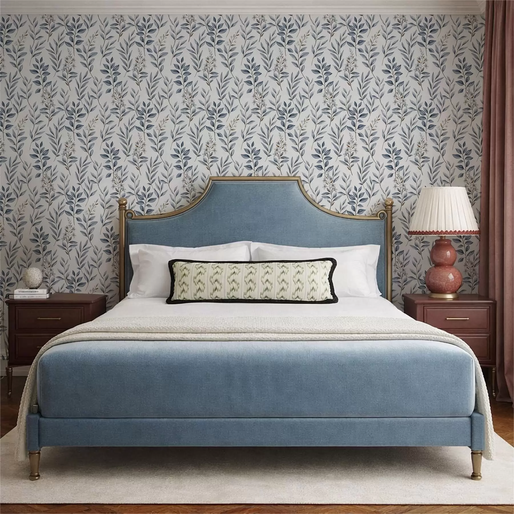 Papier peint Feuillage bleu et petites fleurs sur fond blanc a01231