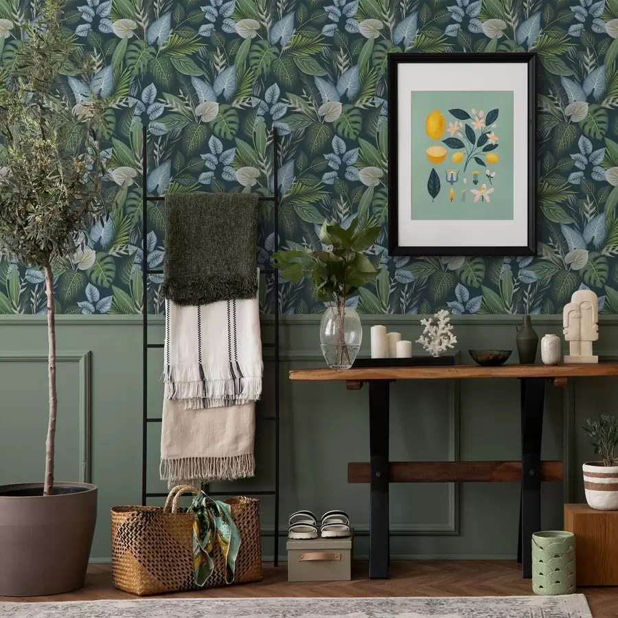 Papier peint Feuillage tropical sur fond sombre a01233