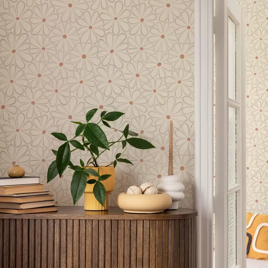 Papier peint De grandes fleurs aux contours marqués sur un fond crème clair a01234v1
