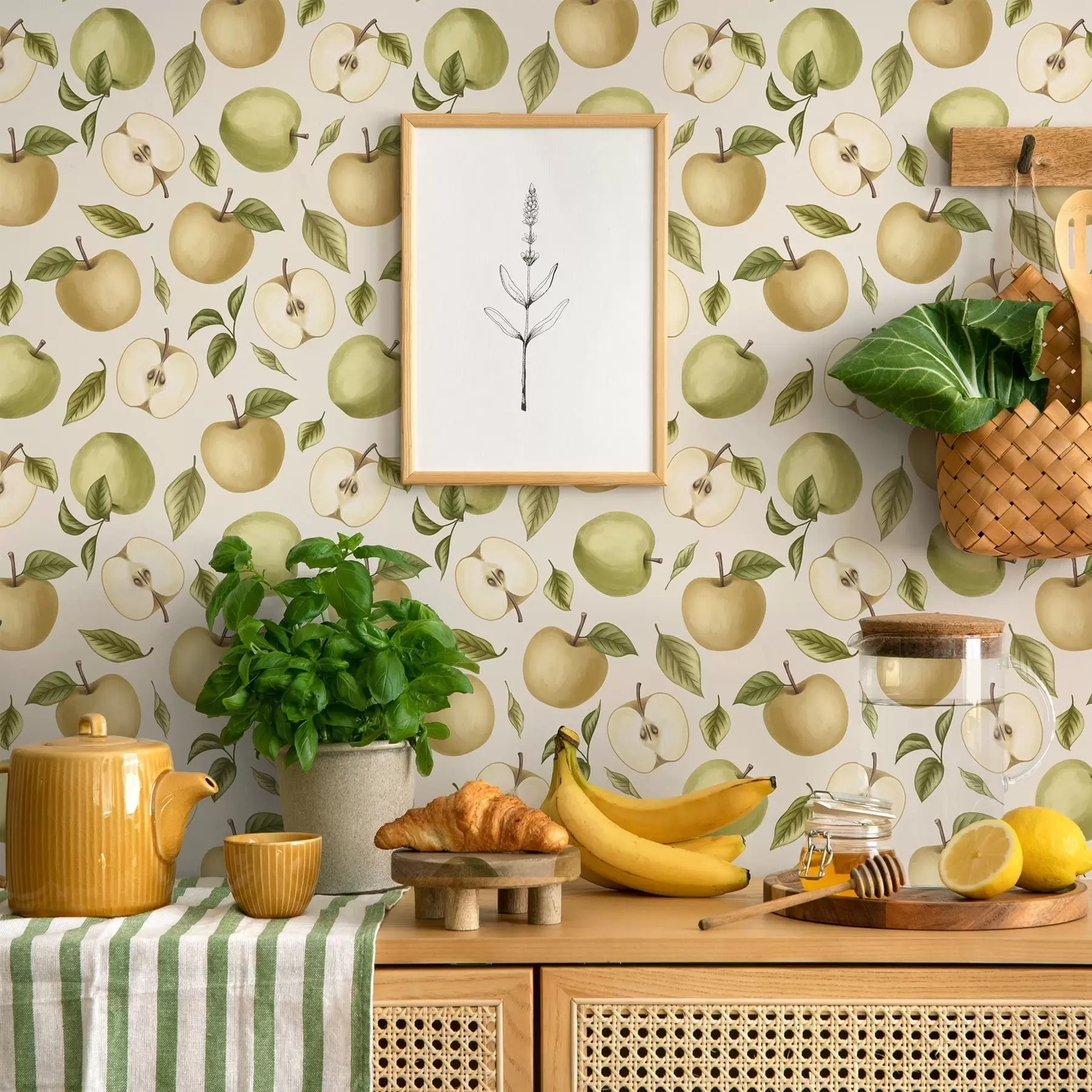Papier peint Des pommes vertes et des feuilles sur un fond clair a01236