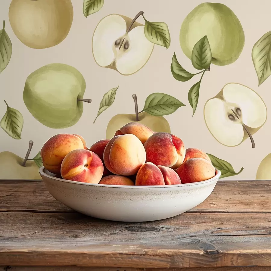 Papier peint Des pommes vertes et des feuilles sur un fond clair et chaleureux a01236v1