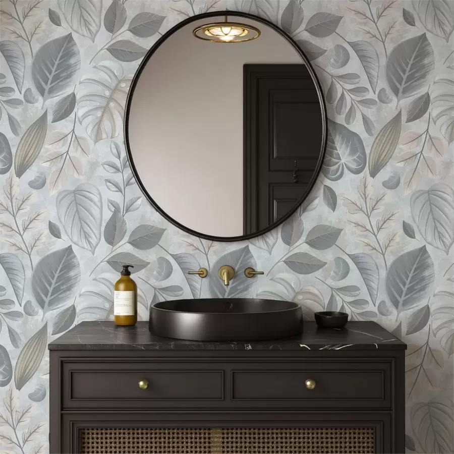 Papier peint Grand feuillage décoratif dans des tons bleu-gris a01241