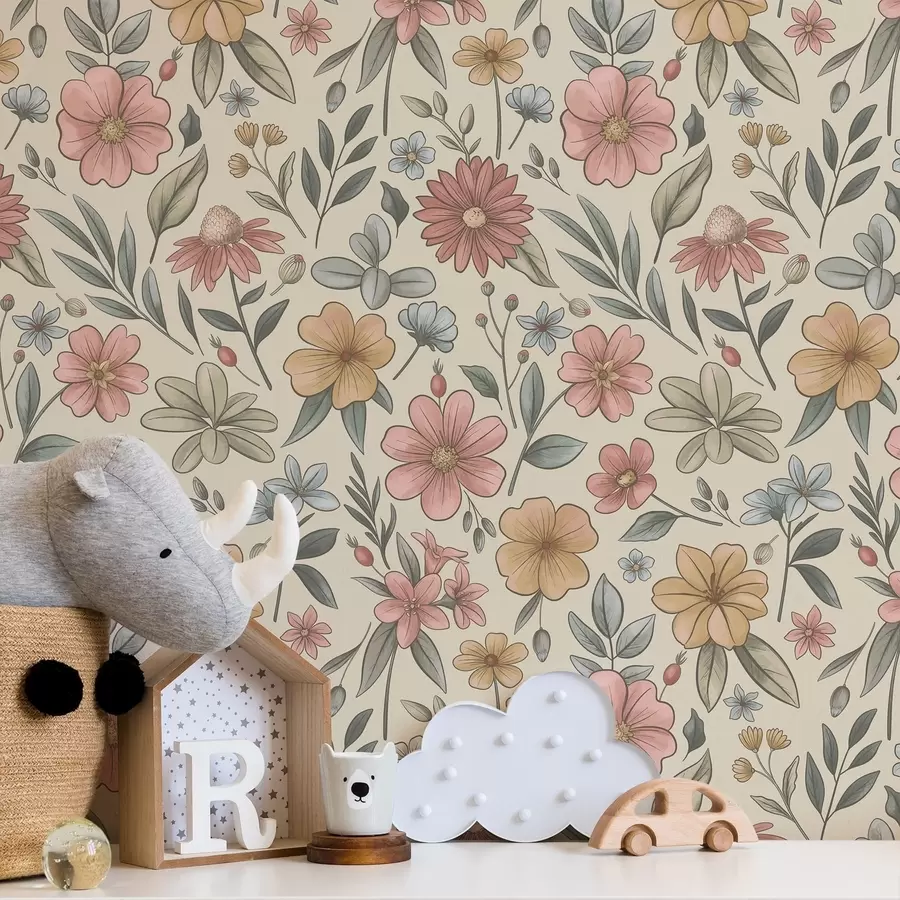 Papier peint Fleurs sauvages et feuillage aux tons pastel a01243