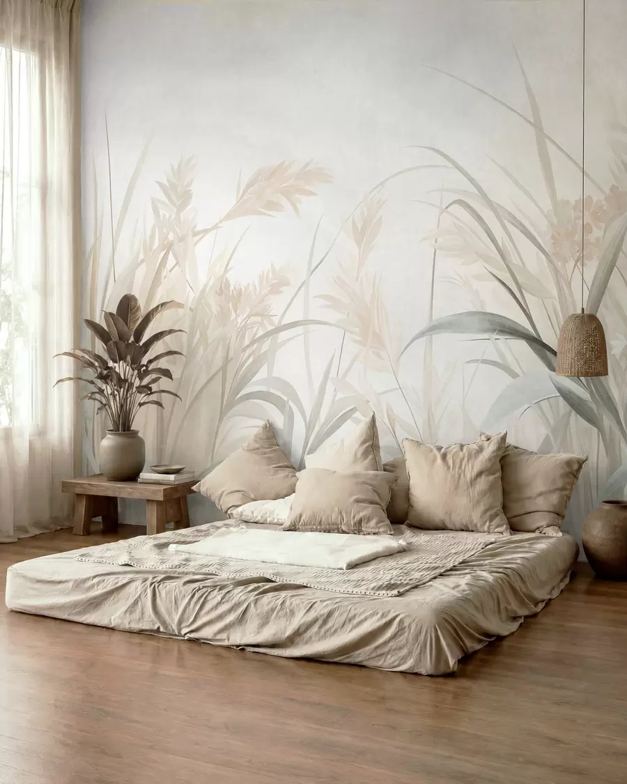 Papier peint De hautes herbes et roseaux fins, aux teintes douces et discrètes de beige, crème et vert, texturés w09981