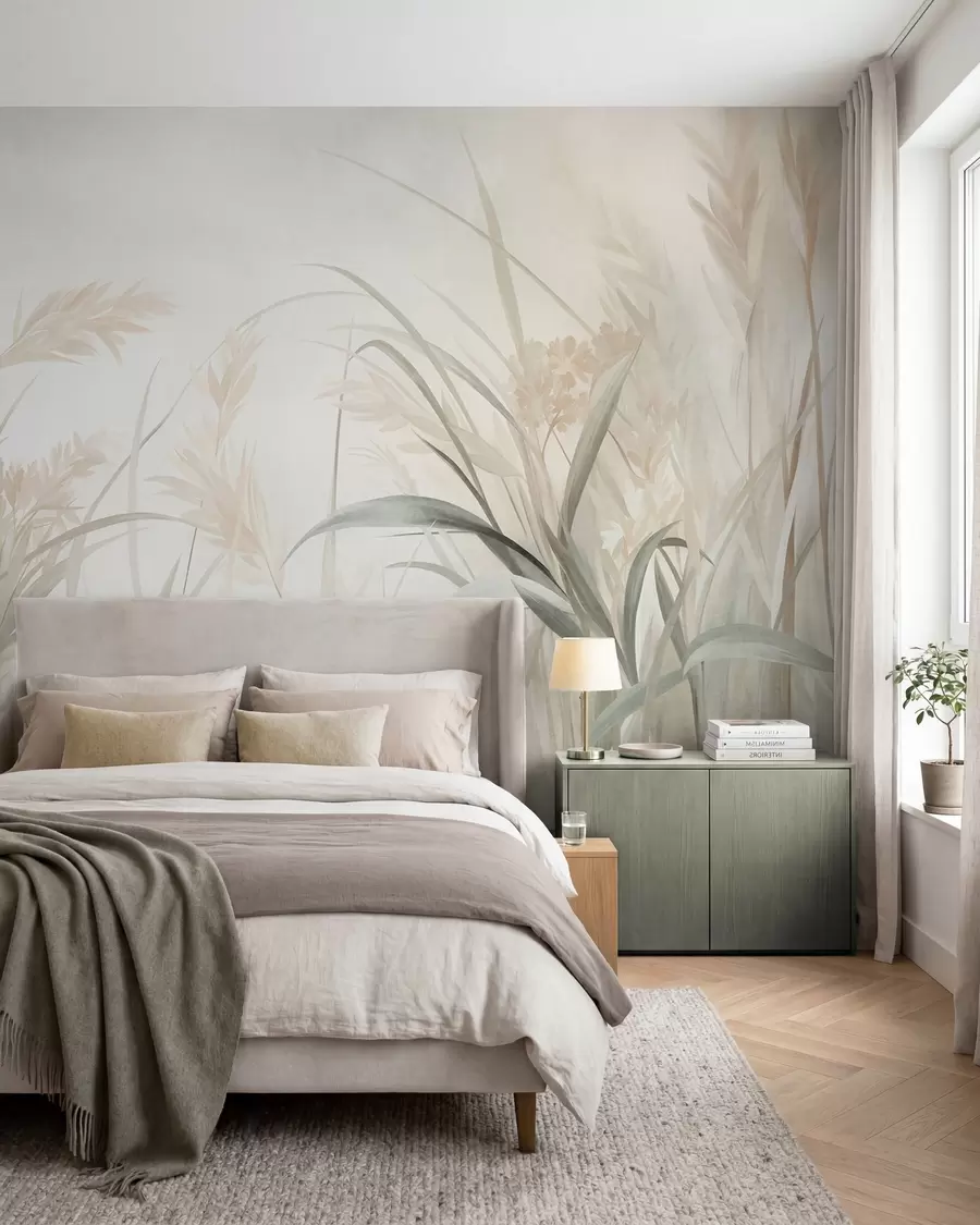 Papier peint De hautes herbes et roseaux fins, aux teintes douces et discrètes de beige, crème et vert, texturés w09981