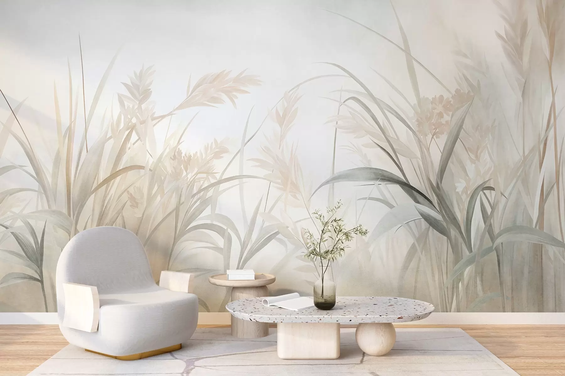 Papier peint De hautes herbes et roseaux fins, aux teintes douces et discrètes de beige, crème et vert, texturés w09981