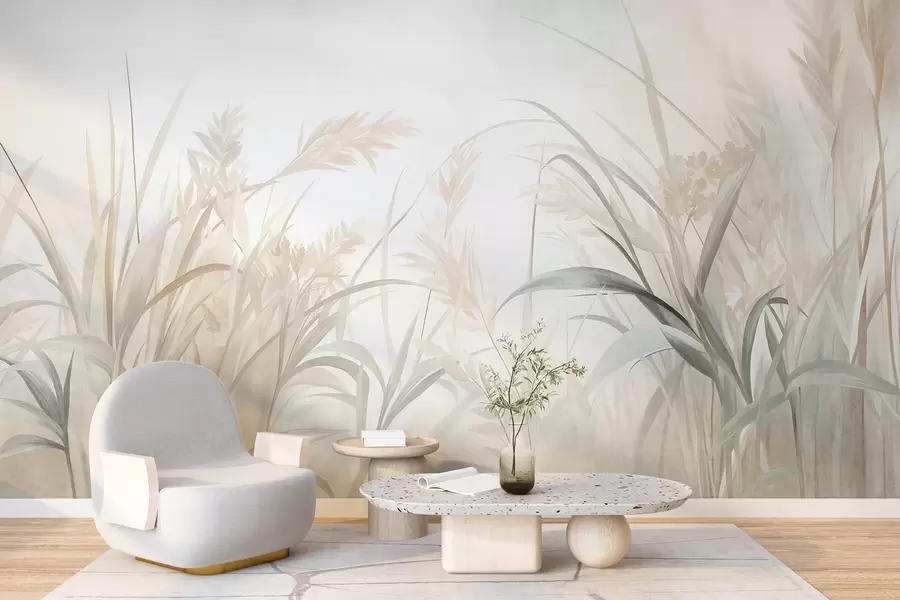 Papier peint De hautes herbes et roseaux fins, aux teintes douces et discrètes de beige, crème et vert, texturés w09981
