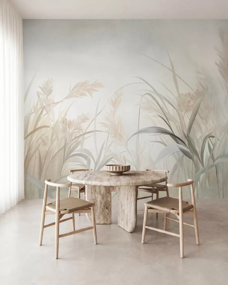 Papier peint De hautes herbes et roseaux fins, aux teintes douces et discrètes de beige, crème et vert, texturés w09981